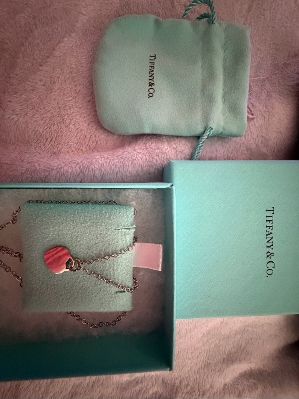Tiffany & Co. Silver Necklace with Pink Shell Pendant and Signature Blue Pouch